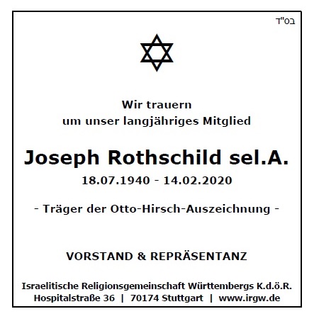 Wir trauern um unser langjähriges Mitglied Joseph Rothschild sel.A., Träger der Otto-Hirsch-Auszeichnung - Vorstand & Repräsentanz der IRGW