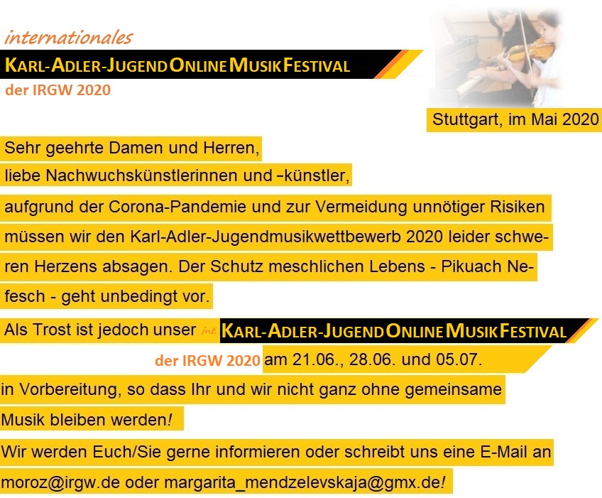 Absage Karl-Adler-Jugendmusikwettbewerb 2020