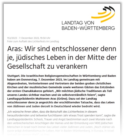 Pressemitteilung des Landtags von Baden-Wrttemberg (07.12.2023): Landtagsprsidentin Muhterem Aras MdL: Wir sind entschlossener denn je, jdisches Leben in der Mitte der Gesellschaft zu verankern