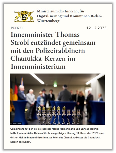 Innenminister Thomas Strobl entzndet die Chanukka-Kerzern gemeinsam mit den Polizeirabbinern im Innenminister Baden-Wrttemberg