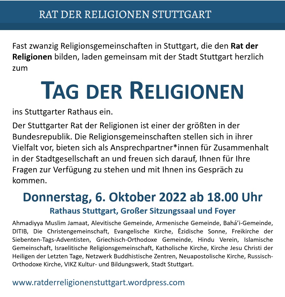 Tag der Religionen Stuttgart - Do, 06.10.2022, 18.00 Uhr, Rathaus Stuttgart
