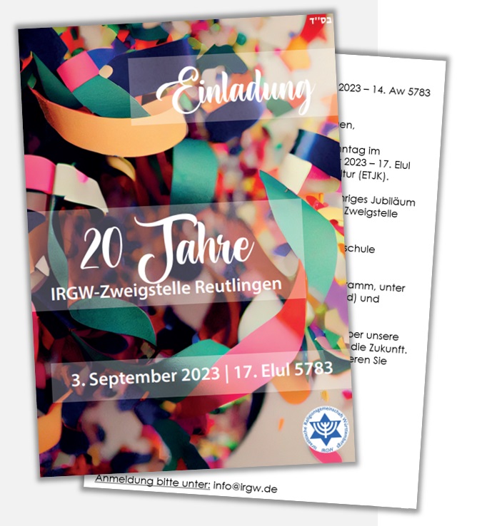 20 Jahre IRGW-Zweigstelle Reutlingen - Matinée am Sonntag, 3. September 2023 - 17. Elul 5783 - Save The Date