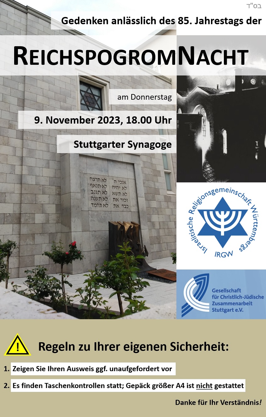 85. Jahrestag der Reichspogromnacht - Gedenken am Donnerstag, 9. November 2023, 18.00 Uhr, Stuttgarter Synagogenplatz (im Freien) - Hospitalstrae 36, 70174 Stuttgart