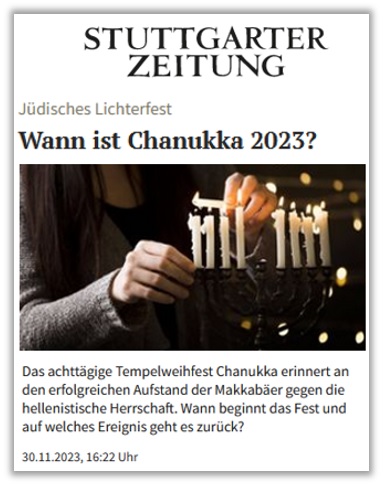 Stuttgarter Zeitung (30.11.2023): Wann ist Chanukka 2023?