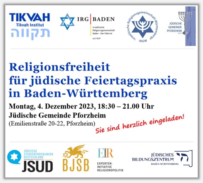 Religionsfreiheit fr jdische Feiertagspraxis - Mo, 04.12.2023, 18.30 Uhr, JG Pforzheim - Sie sind herzlich eingeladen!