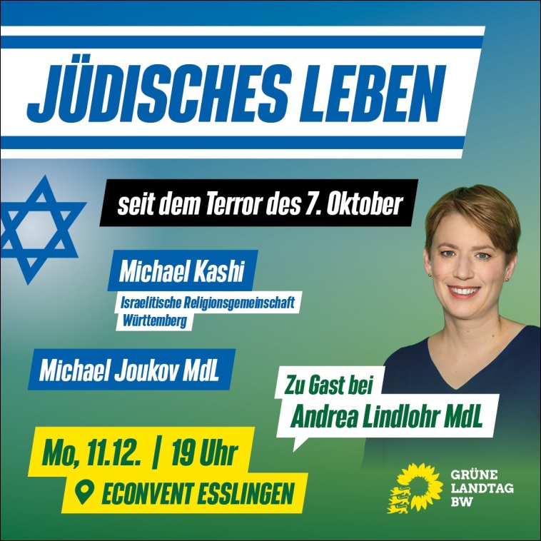 Jdisches Leben seit dem Terror des 7. Oktober - Staatssekretrin Andrea Lindlohr MdL ldt ein am Montag, 11.12.2023, 19.00 Uhr, Econvent Esslingen