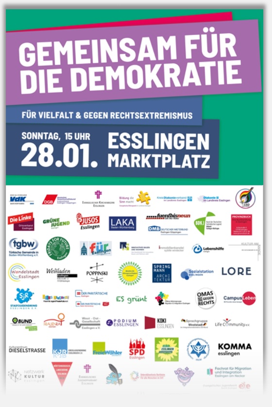 Gemeinsam fr die Demokratie - fr Vielfalt und gegen Rechtsextremismus! - Kundgebung am Sonntag, 28.01.2024, 15.00 Uhr, Marktplatz Esslingen