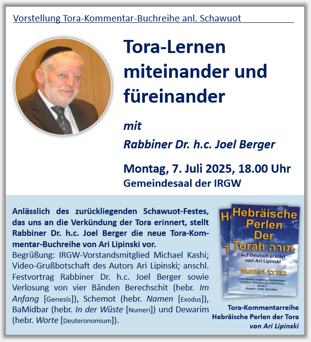 Buchvorstellung Hebrische Perlen der Tora von Ari Lipinski - Buchvorstellung durch Rabbiner Dr. h.c. Joel Berger am Montag, 7. Juli 2025, 18.00 Uhr, Gemeindesaal der IRGW in Stuttgart